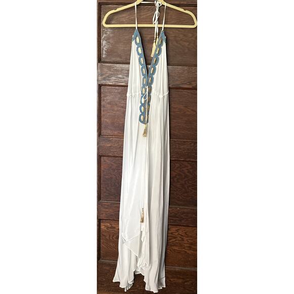 Asa Kaftans White Halter Dress Gold Turquoise Beading Size L / XL High Low - Picture 1 of 10